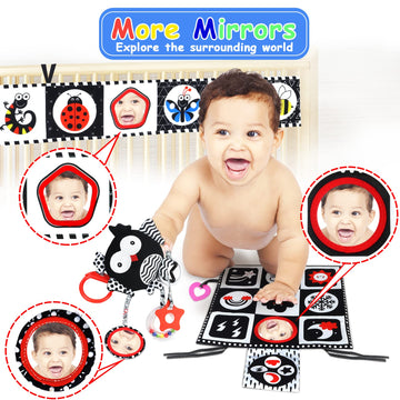 Black and White High Contrast Baby Toys 0-6 Months with Mirror, Crinkle and Rattles, Soft Baby Toys for Brain Development Montes