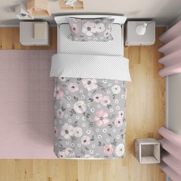 Sweet Jojo Designs Grey Watercolor Floral Girl Toddler Kid Childrens Comforter Bedding Set - 5 Pieces Comforter, Sham And Sheets