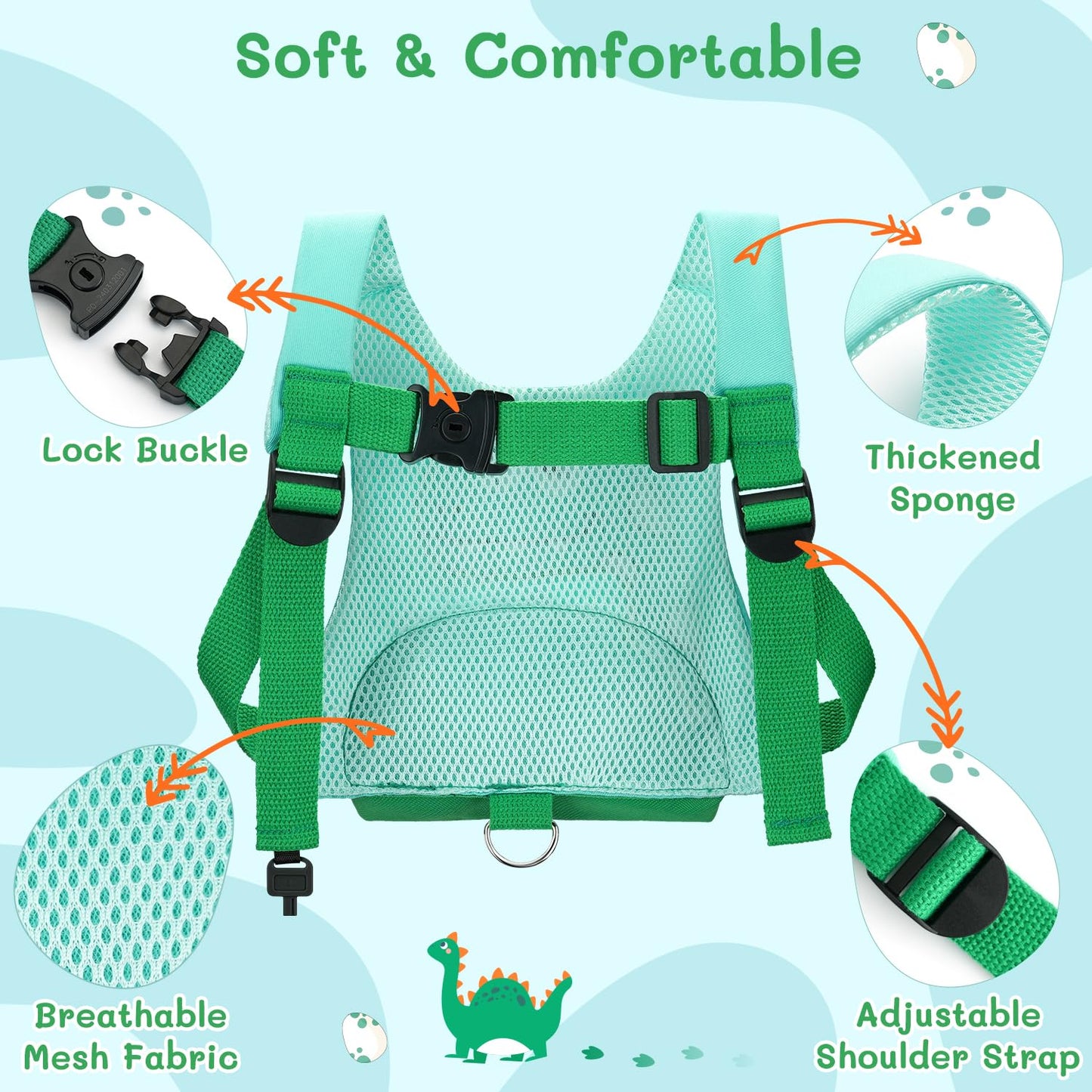 Dr.Meter 3 In 1 Toddler Harness Leash + 8.2Ft Anti Lost Wrist Link, Cute Dinosaur Kids Safety Harness Tether With Key Lock, Chil