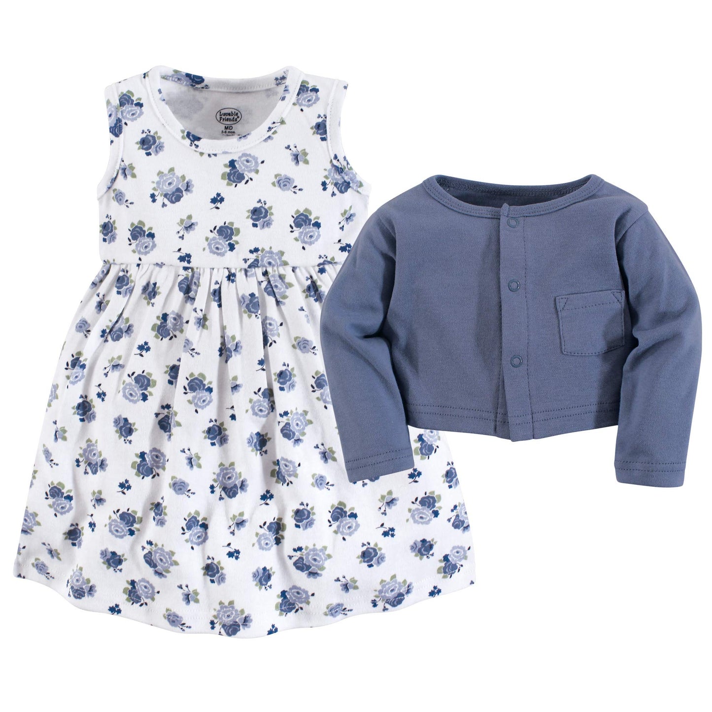 Luvable Friends Baby Girls And Cardigan Casual Dress, Blue Floral, 4T Us