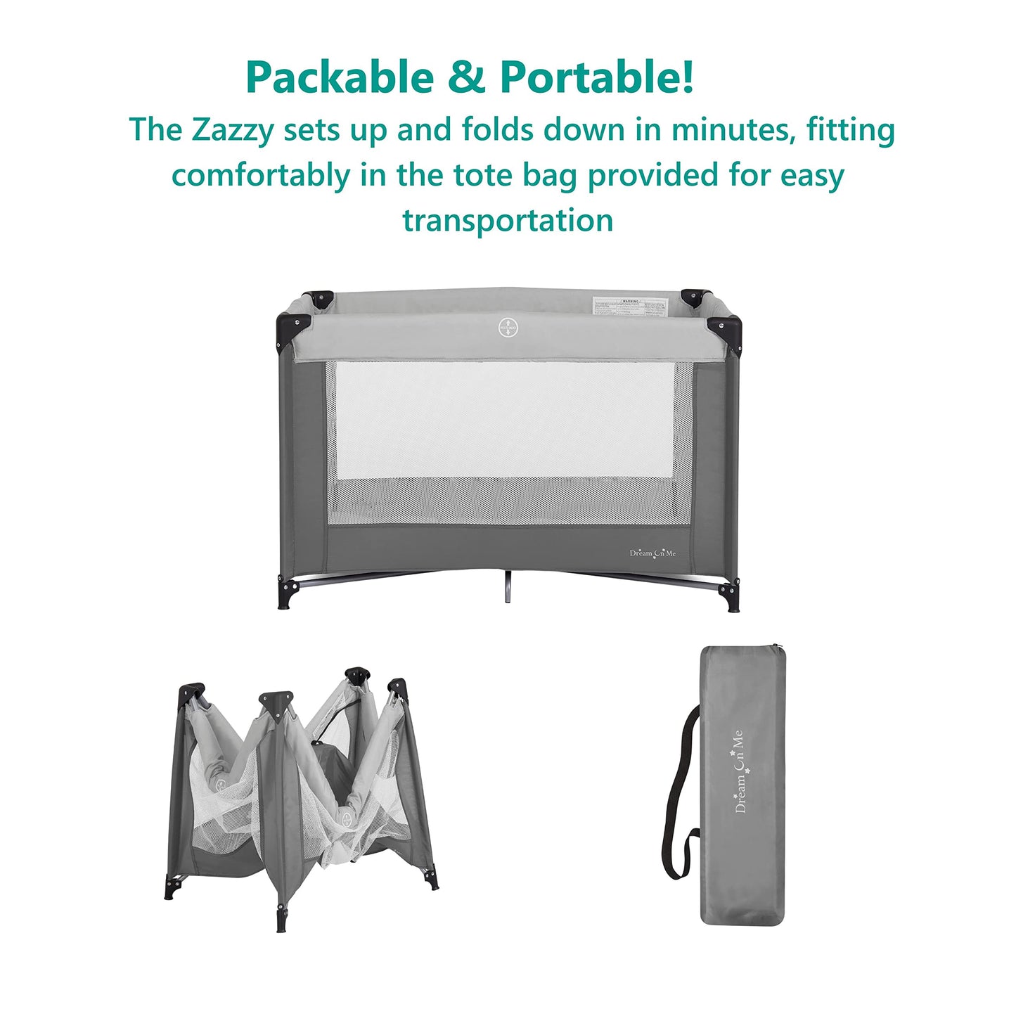 Dream On Me Zazzy Portable Playard with Bassinet in Grey, Packable and Easy Setup Baby Playard, Lightweight and Portable Playard