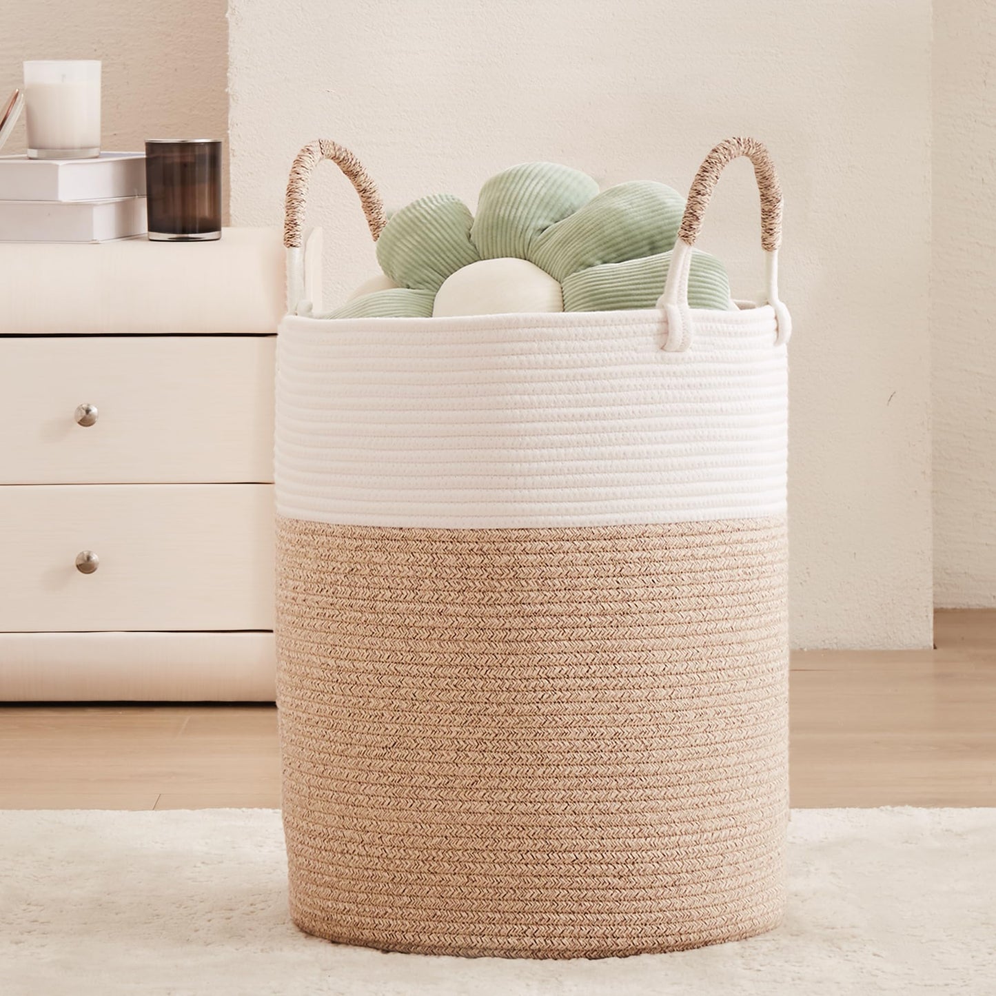 MOJOSCEND Hamper Laundry Basket Woven Clothes Hamper Cotton Rope Blanket Basket in Living Room Bathroom Bedroom Brown