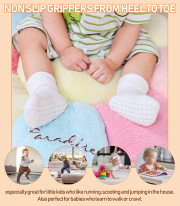 Lanleo Baby Girls Boys Non Slip Socks With Grips Toddler Kids Unisex Warm Thick Cotton Ankle Crew Socks With Grippers 6 Pairs Wh