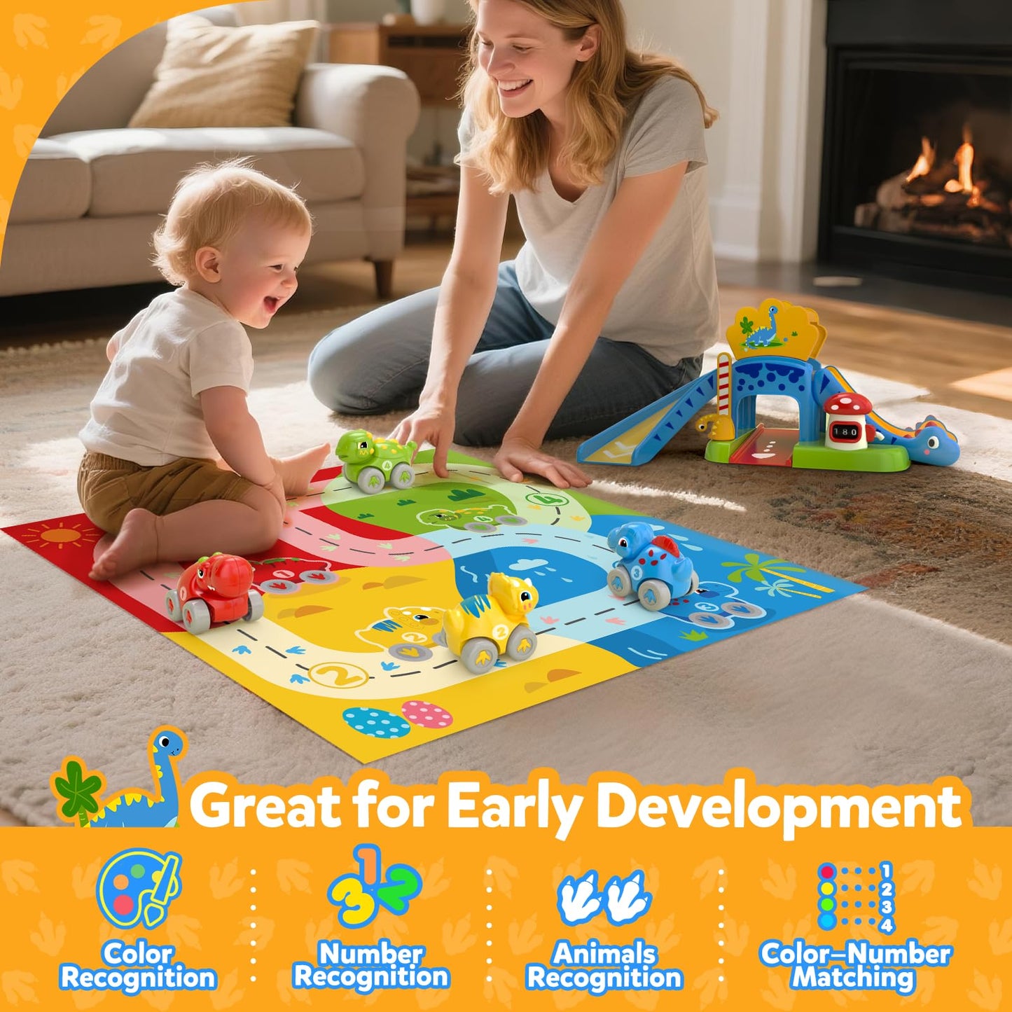 Toddler Toys for 1 Year Old Boy Gifts - Educational Dinosaur Slide Set with 4 Color/Number Push Cars and Playmat, Montessori Lea