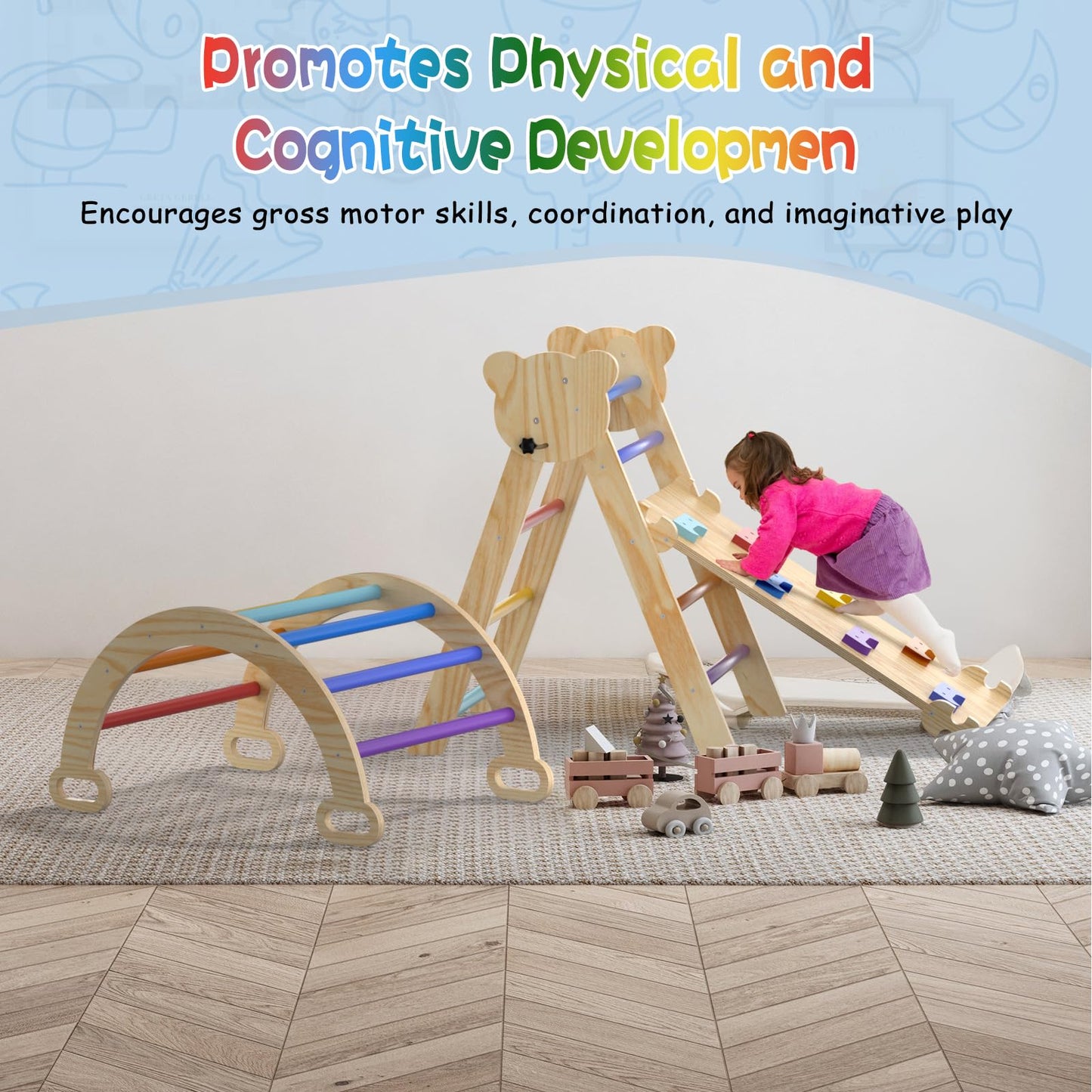 Cmfydaily 5 In 1 Pikler Triangle Set, Foldable Baby Climbing Gym Indoor Montessori Climbing Set Wooden Toddler Climbing Toys Wit