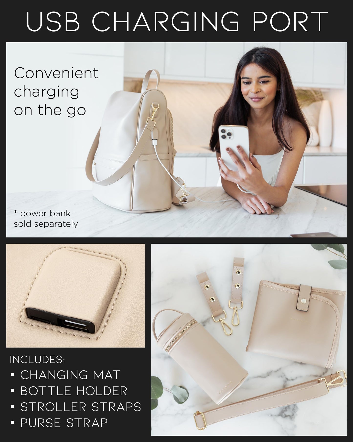 Mia + Sophia Leather Diaper Bag Backpack With Usb Charging Port, Changing Pad, Stroller Straps, And Bottle Holder (Beige Mia)