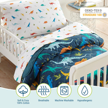 Wildkin 4-Piece Toddler Bed In A Bag - Cotton Comforter, Sheets & Pillowcase For Cozy Cuddles - Jurassic Dinosaurs