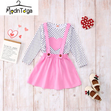 Modntoga Toddler Baby Girl Valentine'S Day Outfit Long Sleeve Dot Heart Shirt Top+Suspender Strap Red Skirts Set(18M-7Y) (Pink,