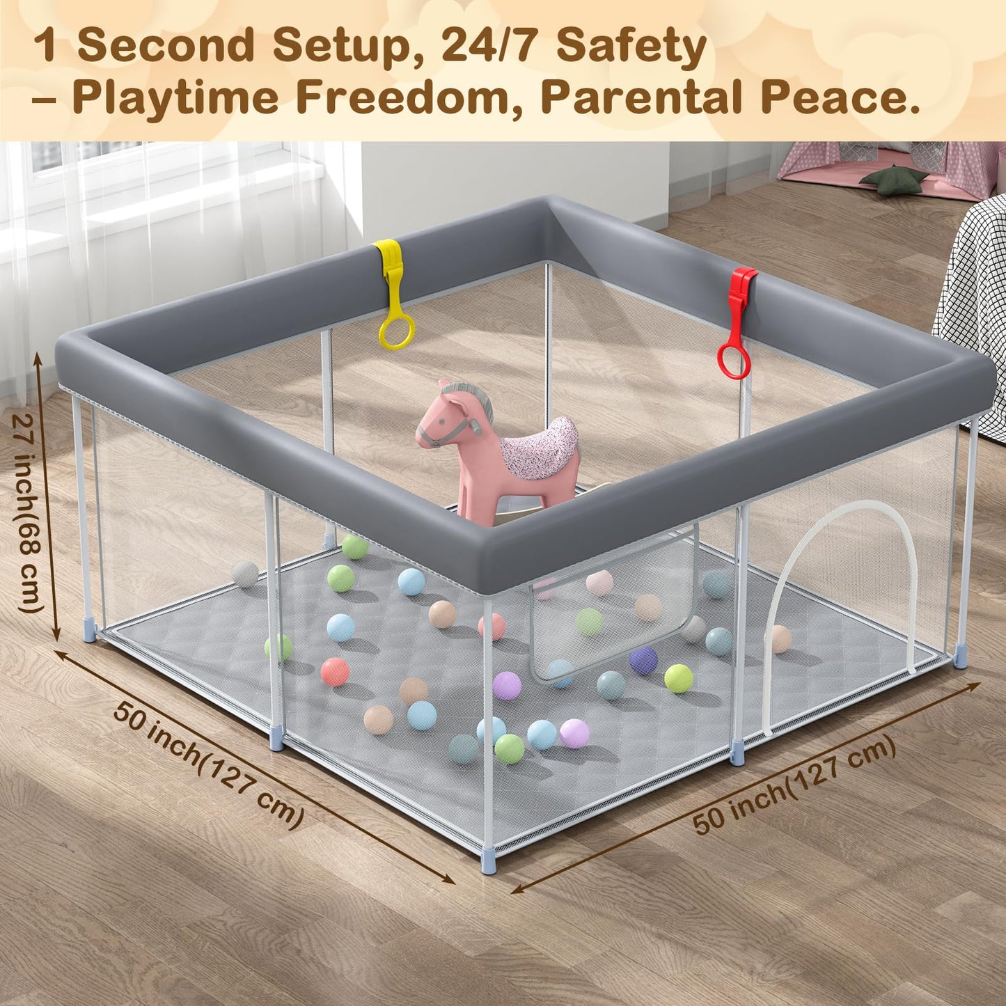 Weksi Foldable Baby Playpen With Mat, 50' X 50' Portable Play Pen For Toddlers With 2 Handlers, Easy Setup For Indoor/Outdoor