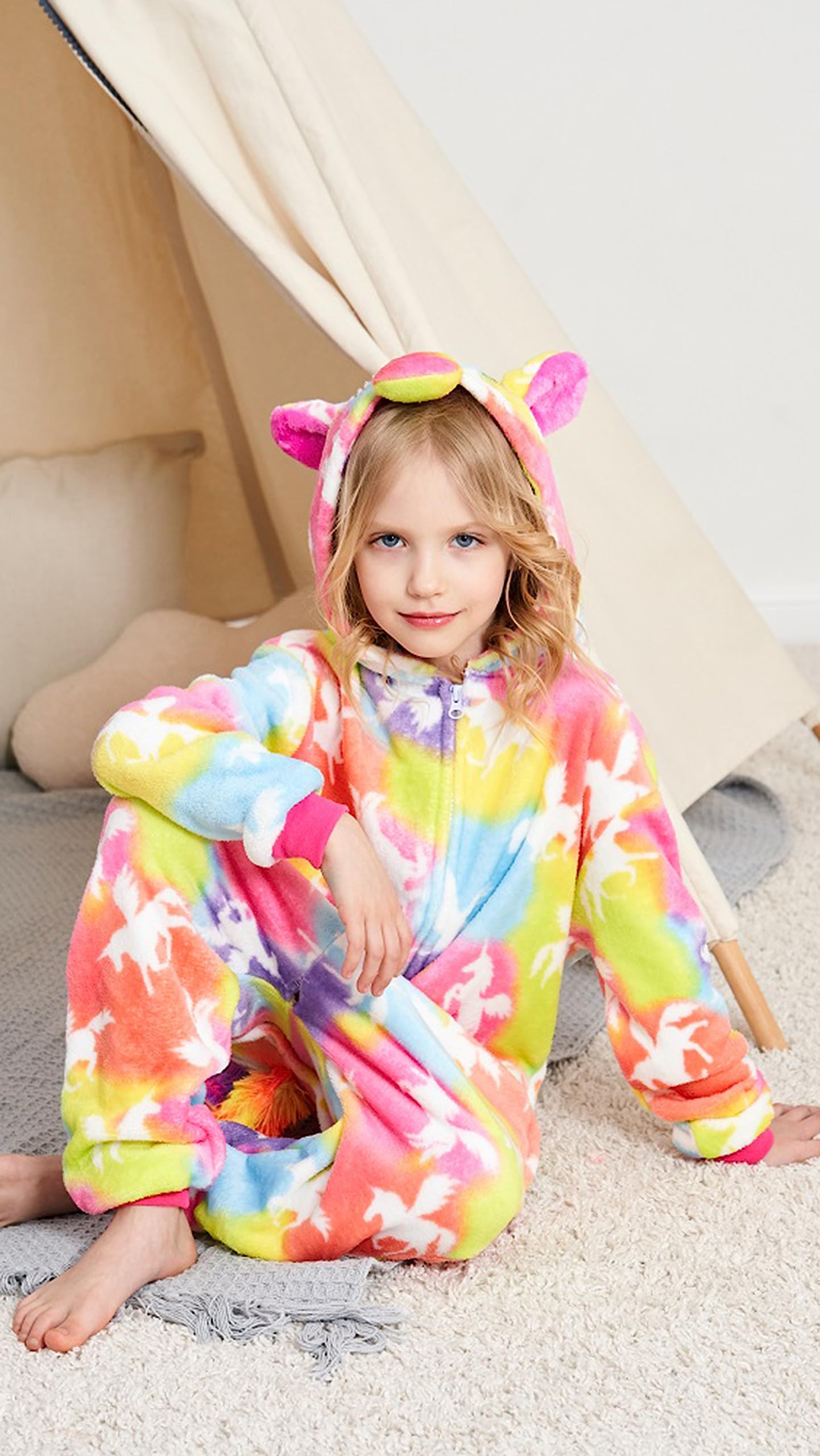 Newplush Kids Halloween Animal Cosplay Costumes Pajamas Christmas Children Bright Yellow Galaxy Unicorn Onesie Birthday Gifts(2-