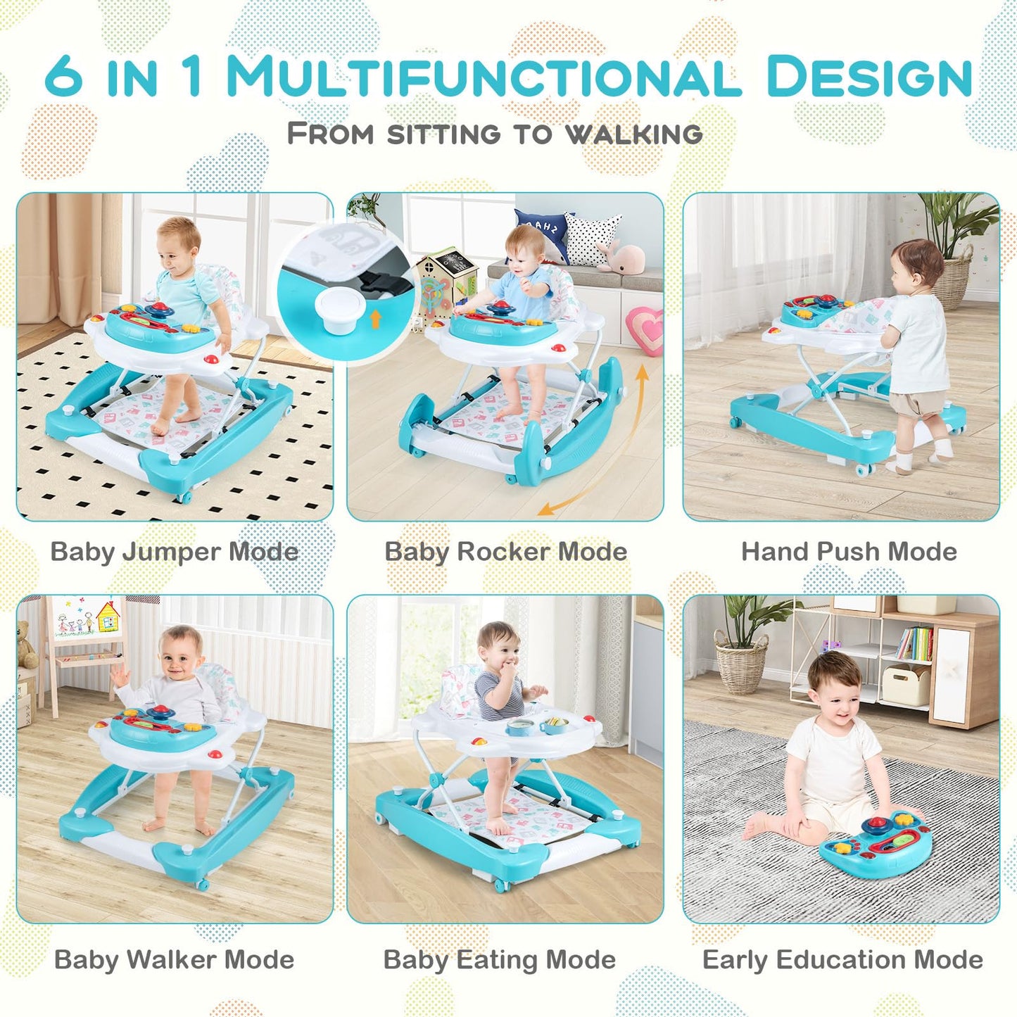 Baby Joy 6-In-1 Baby Walker, Baby Walker With Wheels, Adjustable Height, Music, Lights, Rocker Mode, Baby Activity Walker, Baby