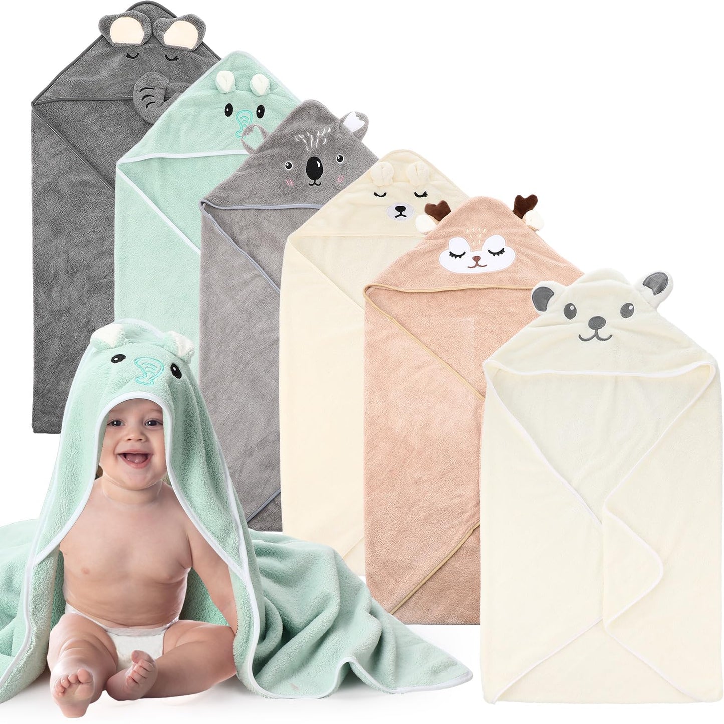 SmoothNovelty 6 Pack Baby Bath Towels Set 31.5 x 31.5 Inch Baby Hooded Towel Coral Fleece Soft Absorbent Toddler Hooded Bath Bla