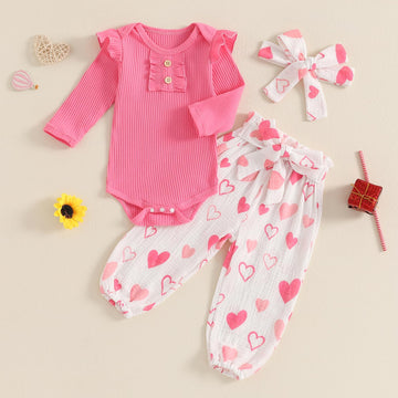 Rtnnsbbfcm Newborn Baby Girl Valentine'S Day Outfit Long Sleeve Ribbed Romper Heart Print Pants Headband 3Pcs Set (Pink, 3-6 Mon