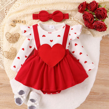Valentine Baby Girl Outfit Heart Print Ribbed Long Sleeve Newborn Valentines Day Romper Dress Headband Set (White, 0-3 Months)