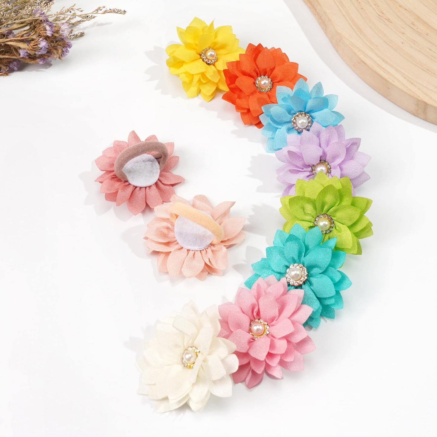 Bbgifts 40Pcs Baby Chiffon Flower Hair Ties For Toddler Girls - 2.2 Inch Handmade Pearl Rhinestone Chiffon Flower Soft Elastics