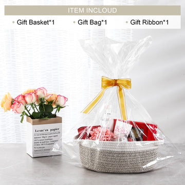 Landneoo Small Woven Basket With Gift Bags And Ribbons, Empty Decorative Gift Chest Box, Cute Baby Gift Basket For Nursery, Cott