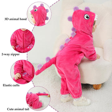 Tonwhar Unisex Baby Animal Halloween Costume Kid'S And Toddler'S Autumn Winter Outfits Jumpsuit(18-24 Months,Rose Dino)