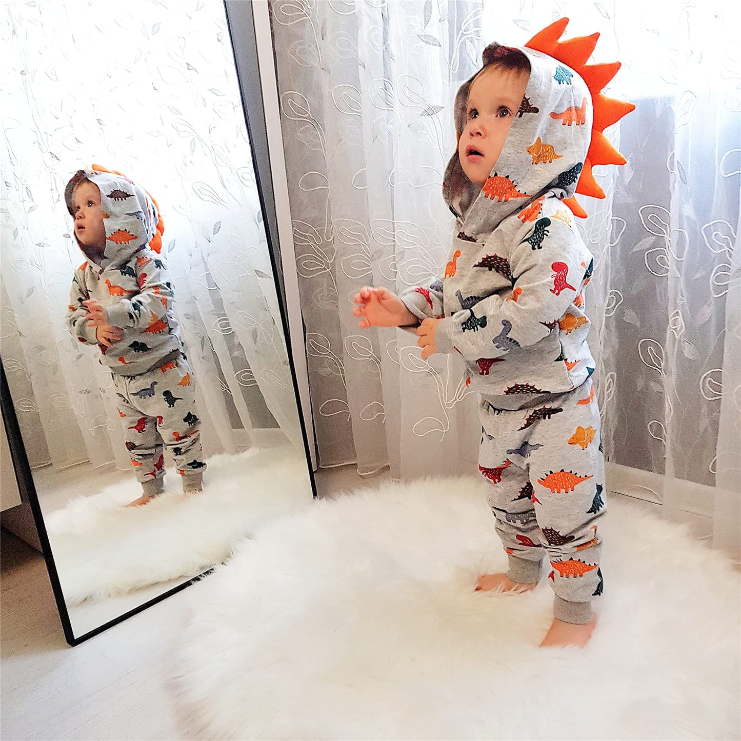 Toddler Infant Baby Boy Clothes Colored Dinosaurs Long Sleeve Hoodie Tops Sweatsuit Pants Outfit Set (6-9 Months)