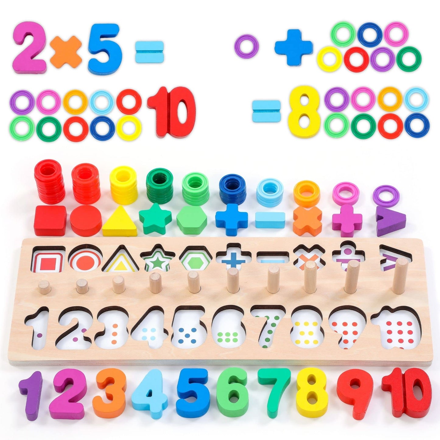 GeroCrew Wooden Montessori Toys for Kids Toddler Number Puzzles Sorter Counting Shape Stacker Stacking Game Preschool Toys for B