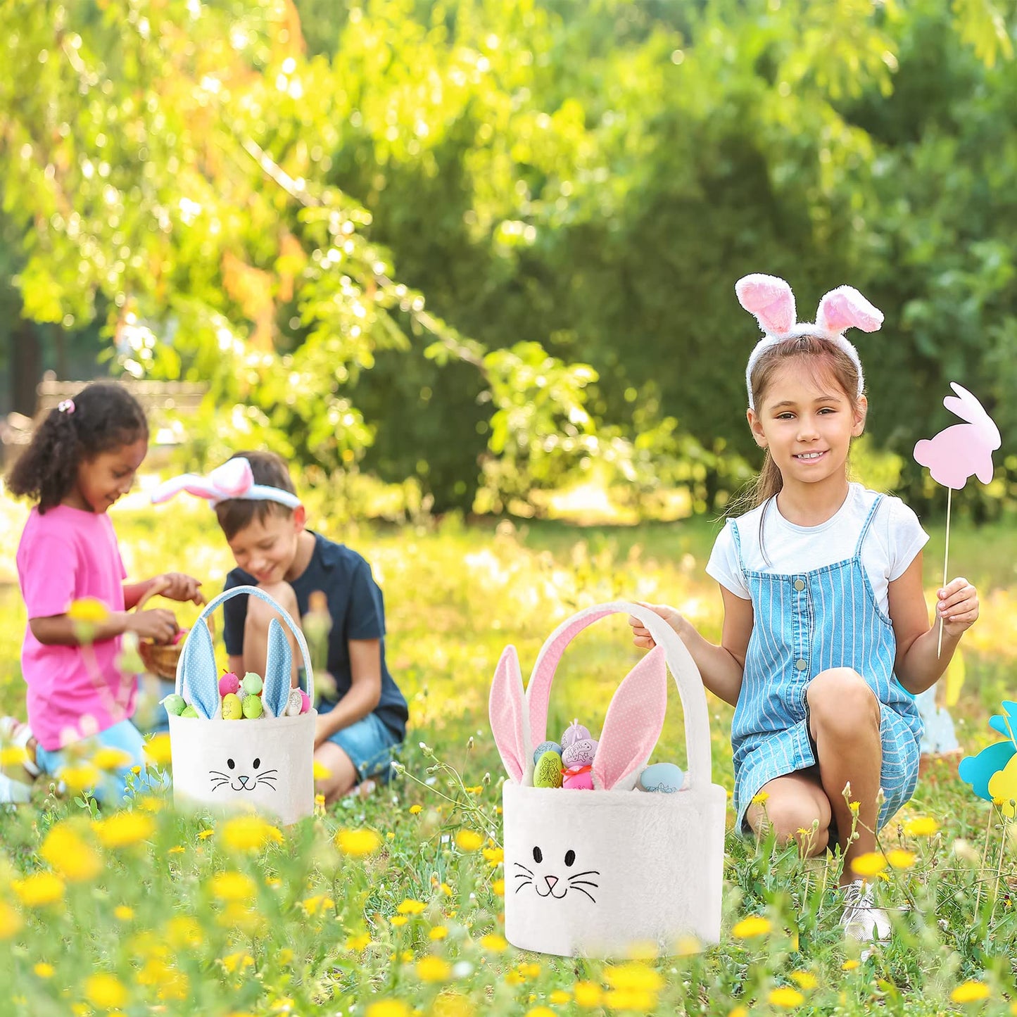 Inough Easter Basket For Kids, Fluffy Bunny Easter Baskets For Boys Girls, Easter Gifts Basket With Foldable Ears, Baby Bags For