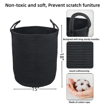 Xuanguo Black Cotton Rope Laundry Basket Hamper For Clothes Woven Storage Basket For Living Room Bedroom Boho Tall Rope Baskets