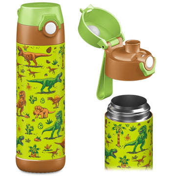 Jarlsona Kids Water Bottle - Mali - Insulated Stainless Steel Water Bottle With Chug Lid - Thermos - Girlsboys (Dinosaurs Mosaic