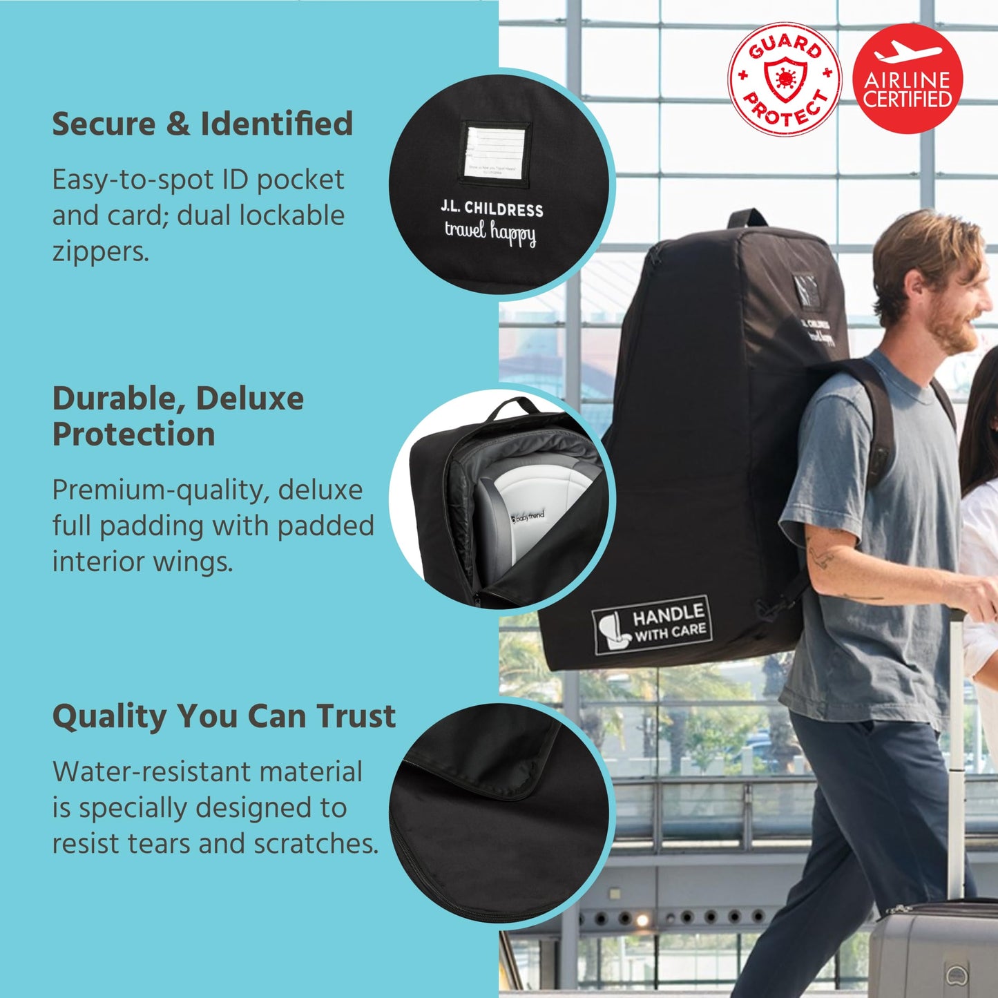 J.L. Childress Ultimate Padded Backpack Car Seat Travel Bag - Thick Padding, Heavy Duty Backpack - Gate Check Bag Fits All Car S