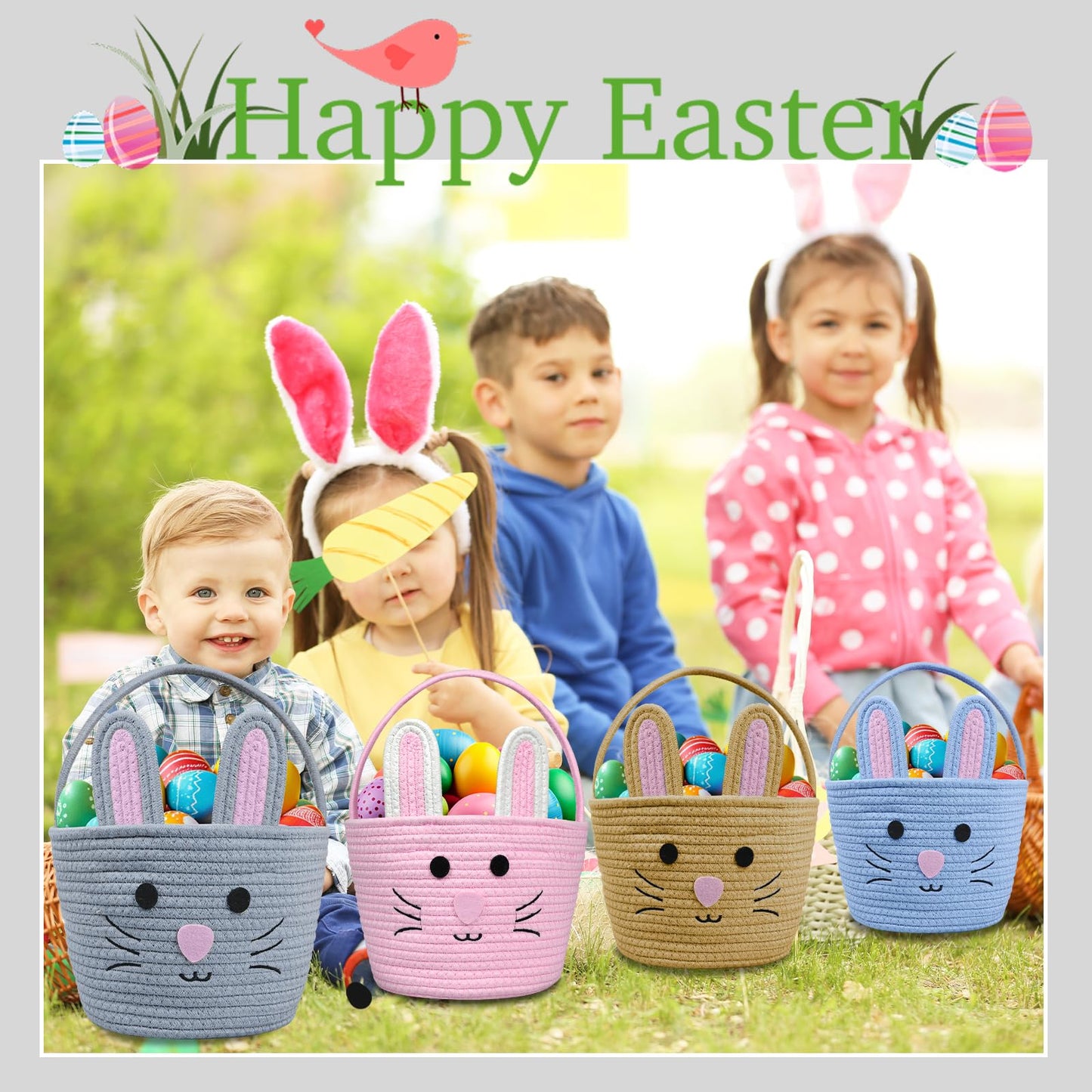 Brbecon Easter Bunny Basket For Kids With Name Tag, Grey Small Woven Easter Basket For Girls, Easter Egg Hunt Baskets Bags Easte