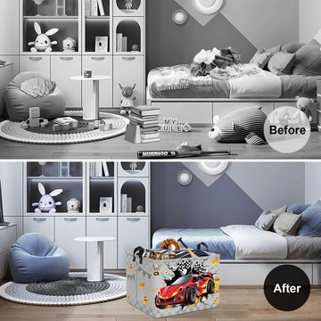 Clastyle Sport 3D Racing Car Boy Room Basket Racing Flag Monster Truck Toy Book Shelf Basket Large Rectangle Collapsible Dirty C