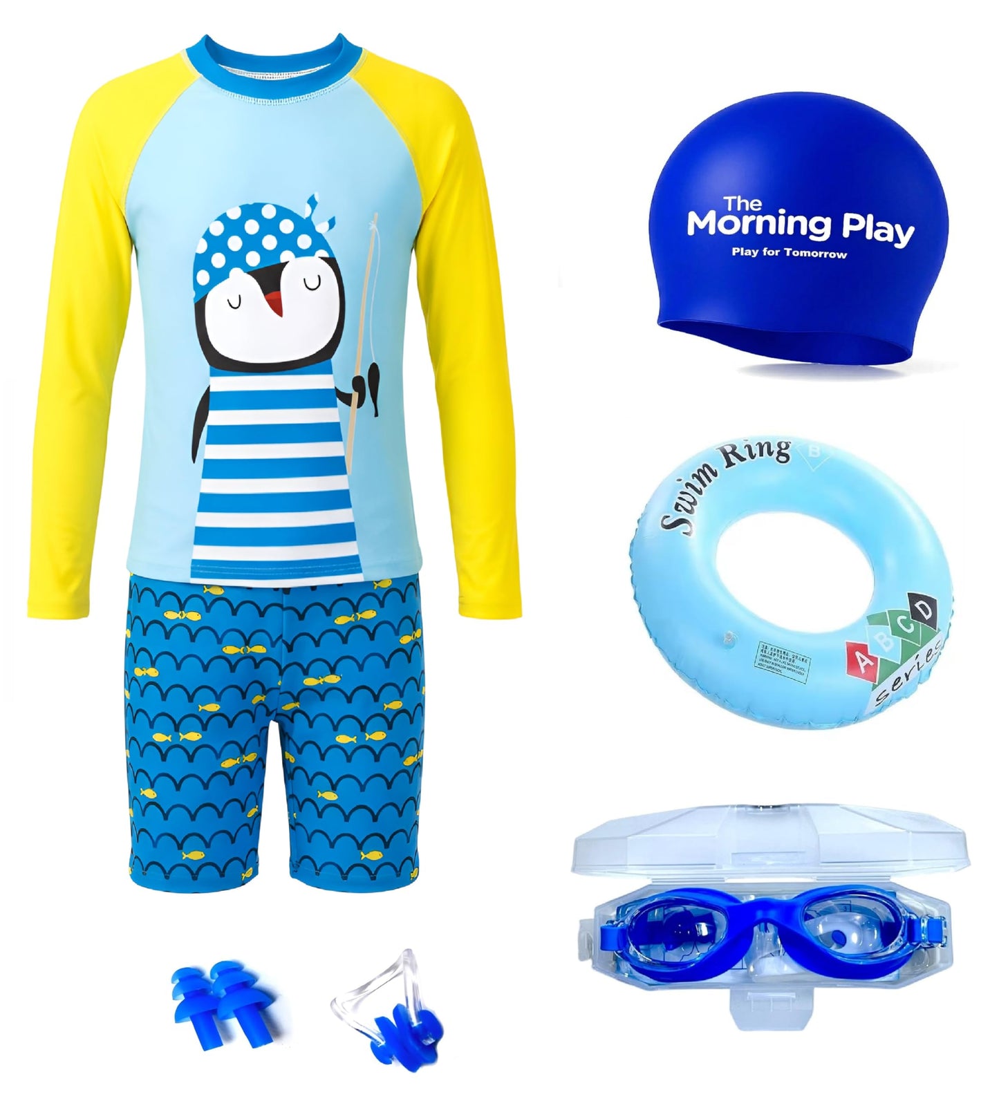 The Morning Play Boys Swimsuit Set With Full Sleeve TShirt & Long Shorts, Swim Cap, Goggles, Ring, Ear Plugs, Navy Blue, Fish P