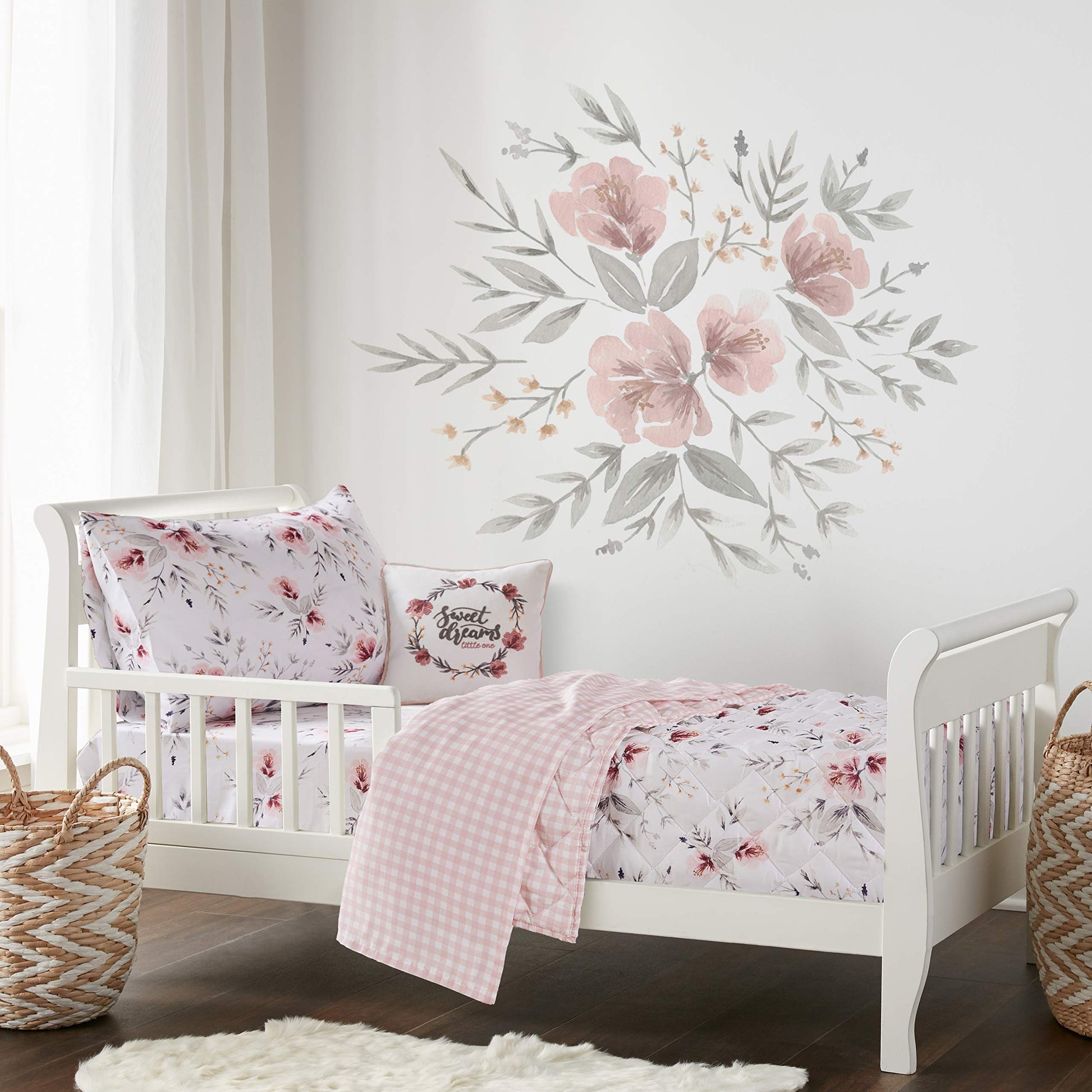 Levtex Baby - Adeline Toddler Bed Set - Blush, Pink, Grey And White - Classic Floral - 5 Piece Set Includes Reversible Quilt, Fi