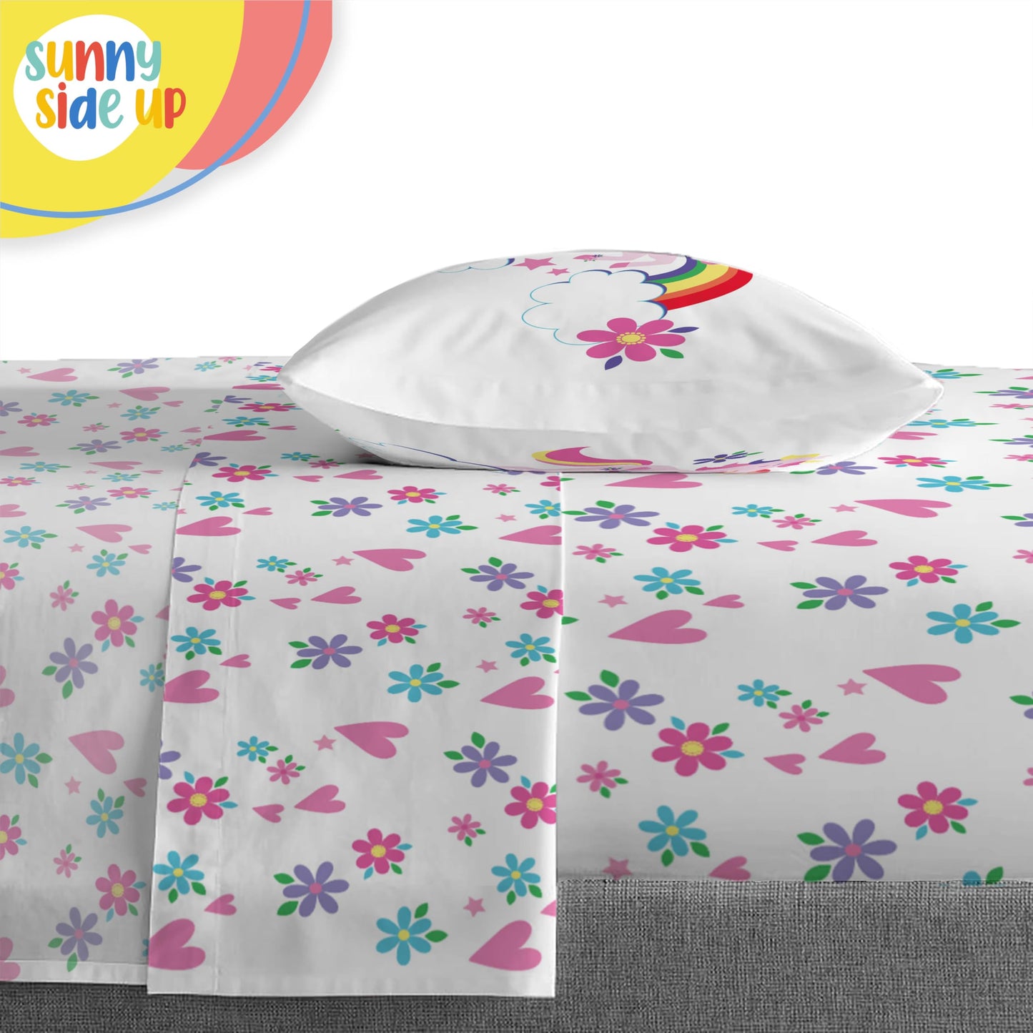 Sunny Side Up Rainbow Unicorns Toddler Comforter Set - 4 Piece Preschool Bedding Includes Comforter, Sheets & Pillow Cover - Sup