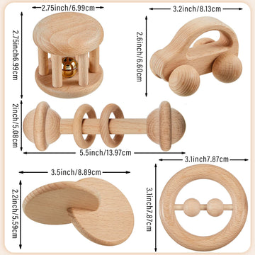 5 Pieces Wooden Baby Toys Wooden Toys for Babies 0-6-12 Months Wood Toys Rattles with Bells Montessori Wood Baby Push Car Wooden