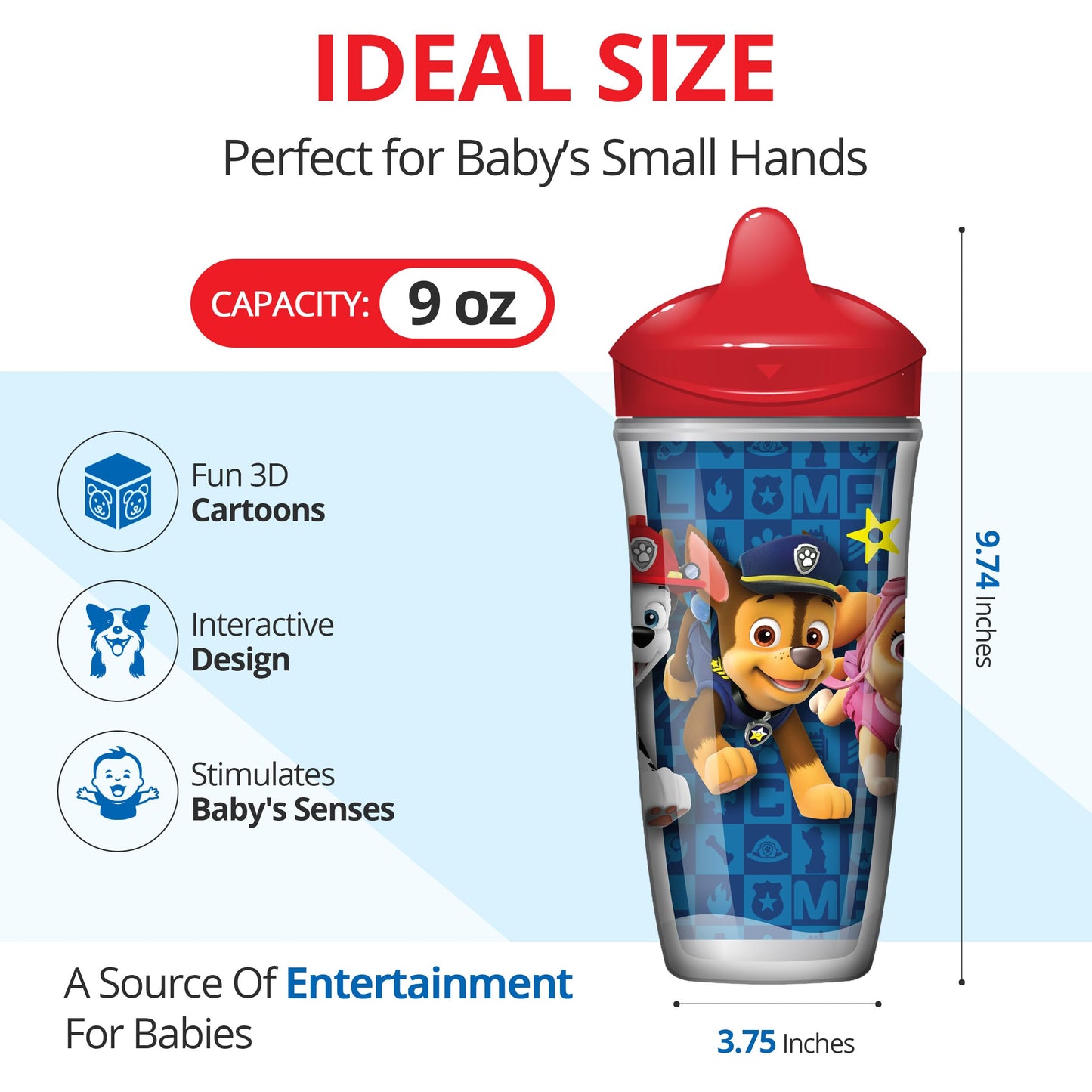 Playtex Baby Sipsters Stage 3 Paw Patrol Sippy Cups, Spill-Proof, Leak-Proof, Insulated - Blue, 9 Oz, 2 Count