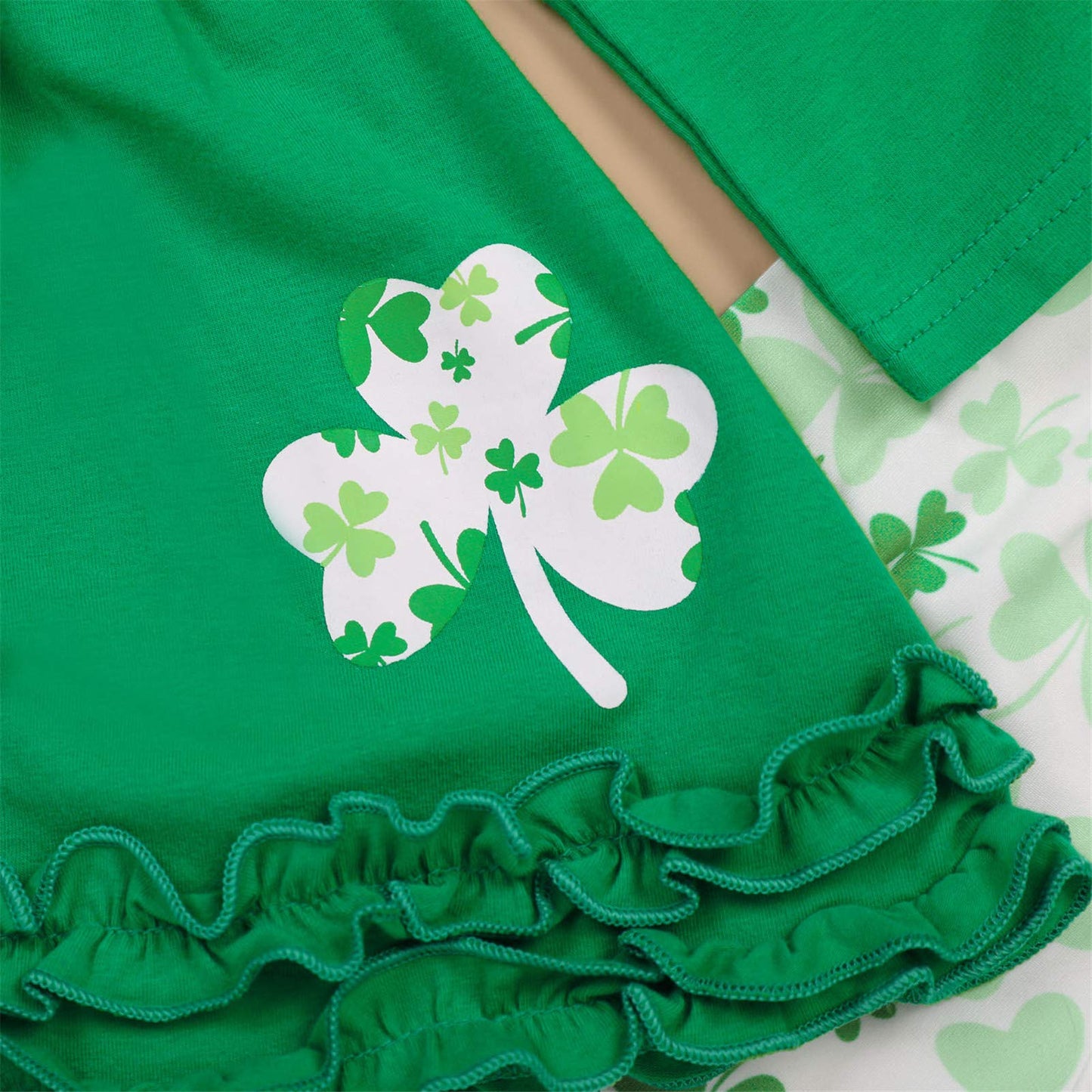 Toddler Baby Girls St. Patricks Day Outfits Ruffle Long Sleeve Top Dress +Shamrock Print Pants+Scarf 3Pcs Clothes (Green,6-12 Mo