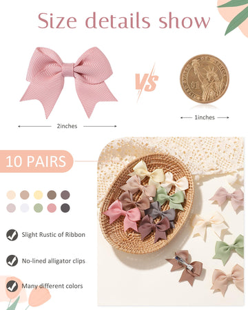 Jollybows 20Pcs Baby Hair Clips Girls Bows 2' Mini Ribbon Alligator Clip Toddler Pigtail Bow Fine Hair Clip