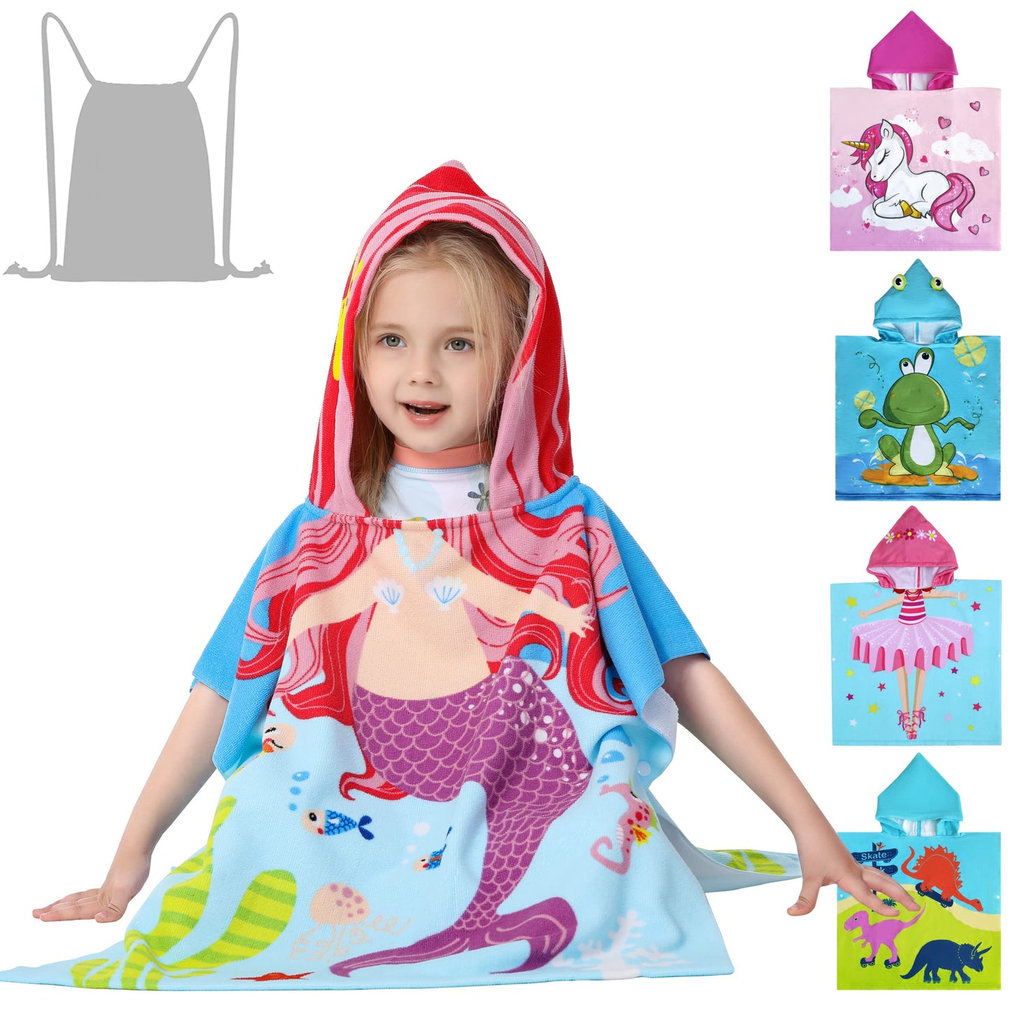 Athaelay Lightweight Microfiber Hooded Beach Towel for Kids, Toddlers Bath/Pool/Swim Poncho Cover-ups Swimwear (3D Mermaid with