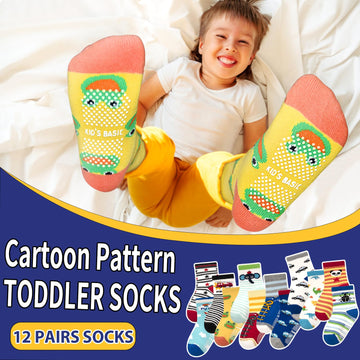 Hycles Toddler Socks With Grip Non-Skid 12 Pairs Baby Kids Sticky Slipper Cotton Crew Socks 3-5T Children/Boy/Girl