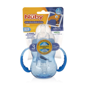 Nuby 3 Stage Tritan Wide Neck Grow With Me No-Spill Bottle To Cup, Blue, 8 Oz