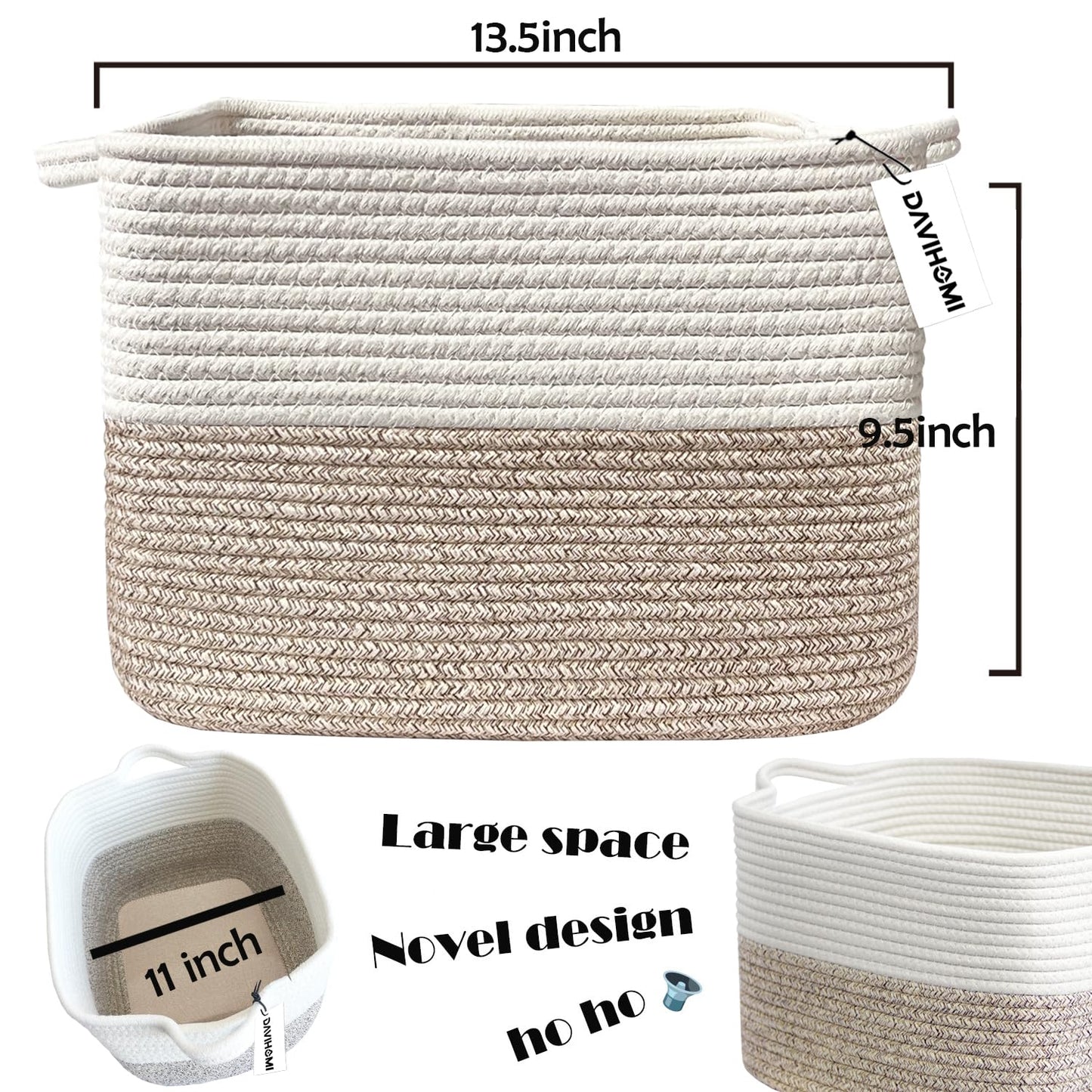 Davihomi Square Woven Cotton Rope Basket For Organizing, Gift Baskets For Handles, Empty Gift Baskets, Toy Basket For Bins|13.5'