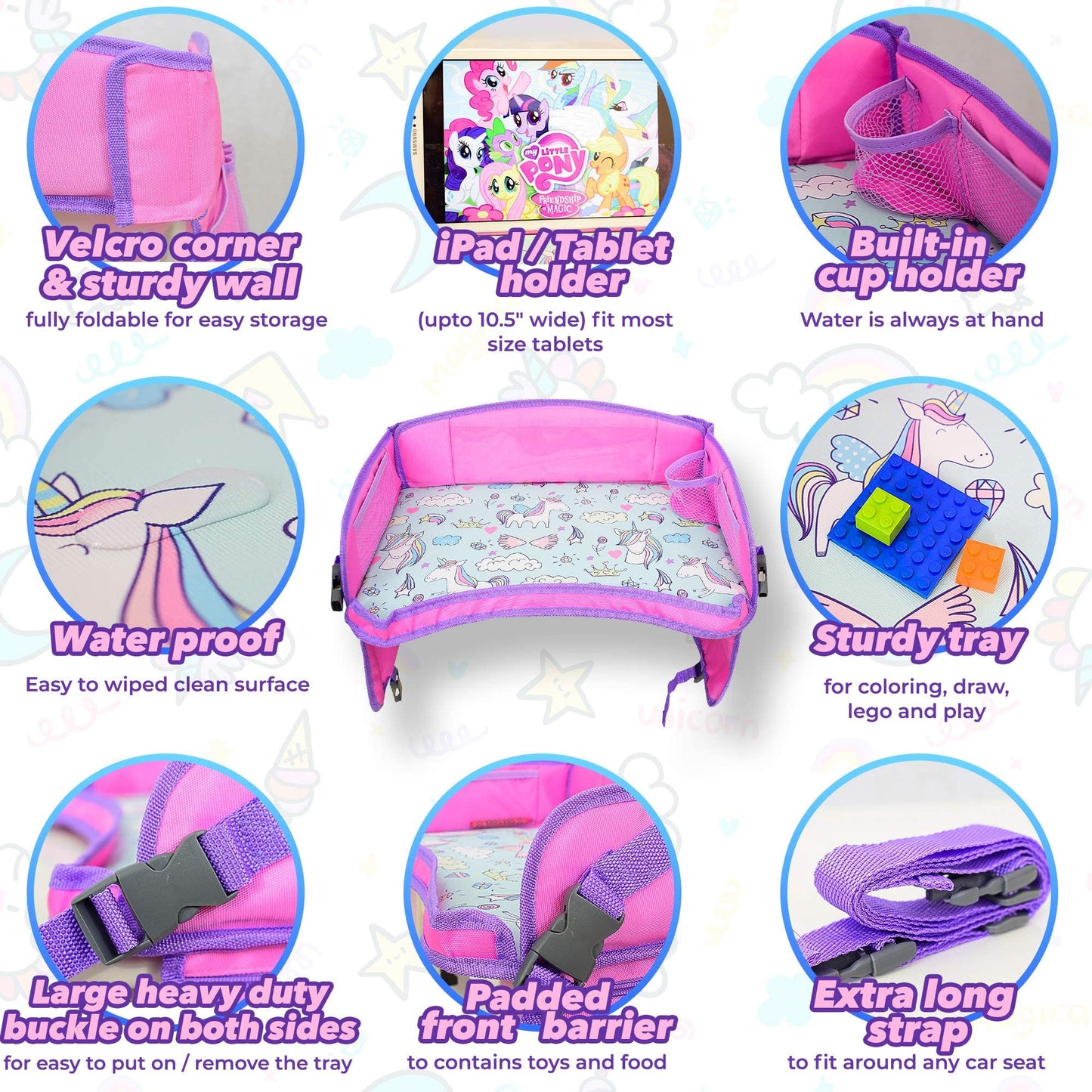 Ecozen Lifestyle Kids Travel Tray For Car - Toddler Lap Desk Organizer For Airplane, Pink Car Seat Tray For Kids Travel, Kids Ro