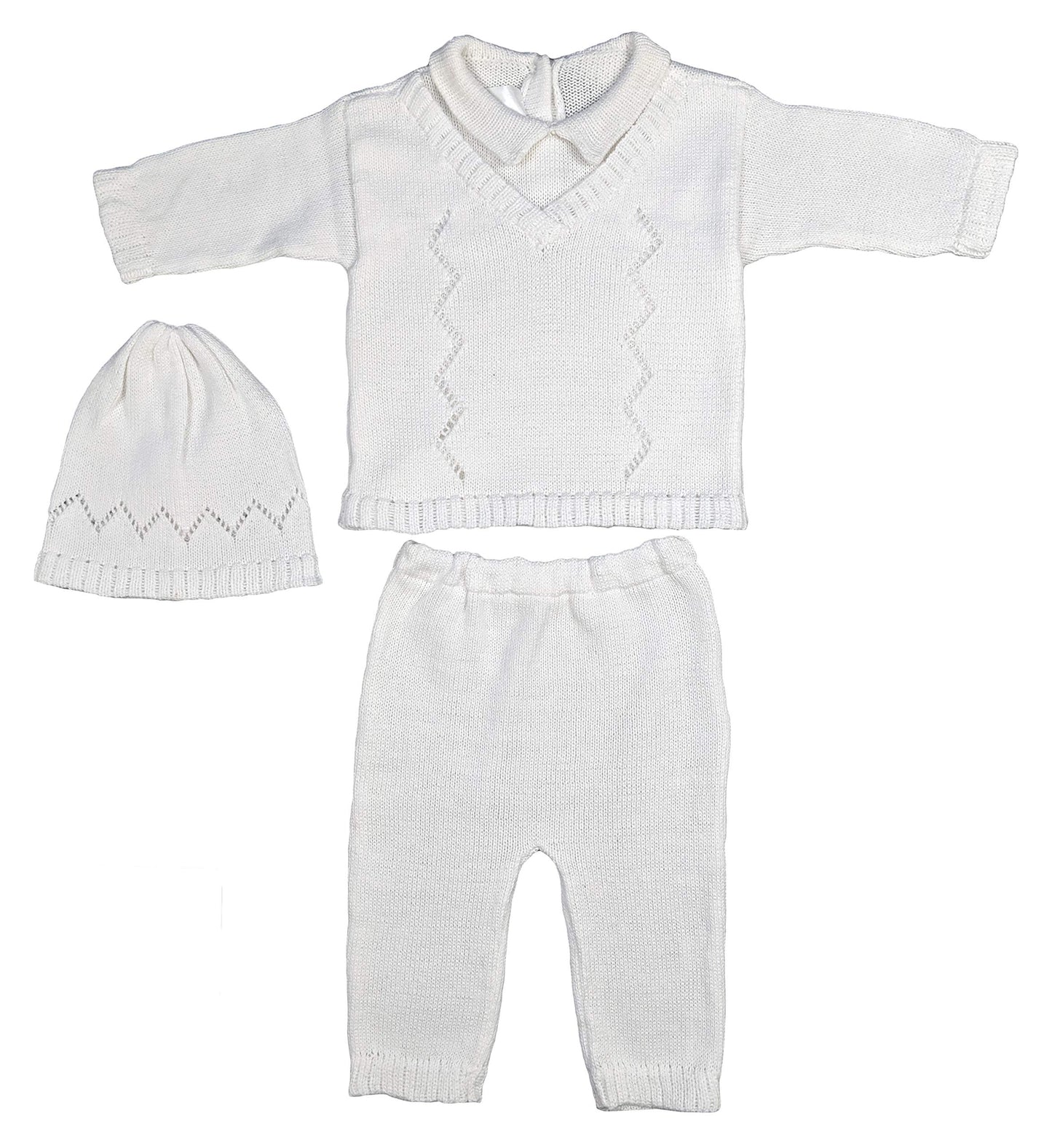 Baby'S Trousseau Boy'S White 3 Piece Cotton Christening Baptism Knit Outfit - 24 Months