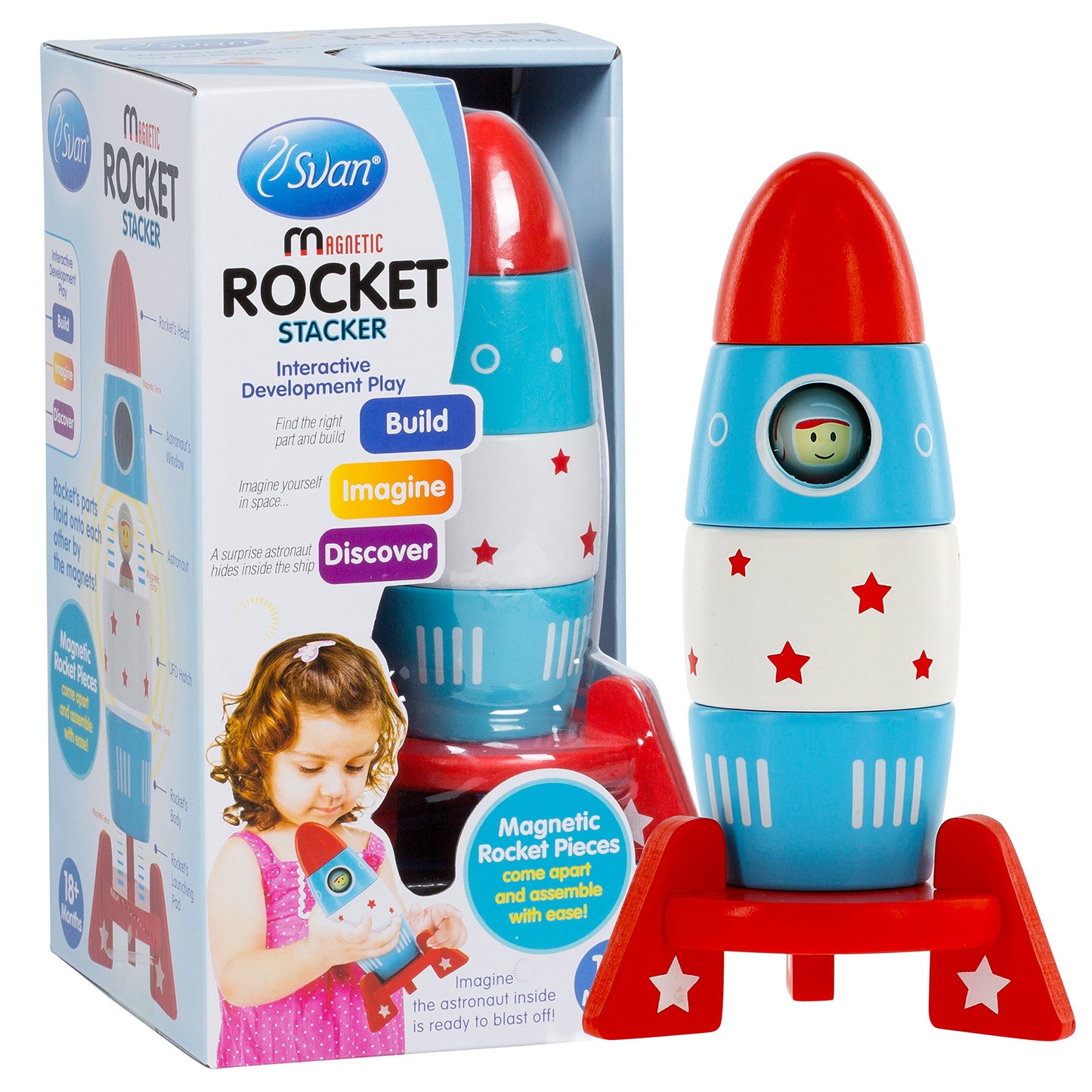Wooden Stacker Toy Space Rocket - 6 Magnetic Stacking Pieces - Magnet Building Set with Surprise Astronaut Inside, Fun Hands On