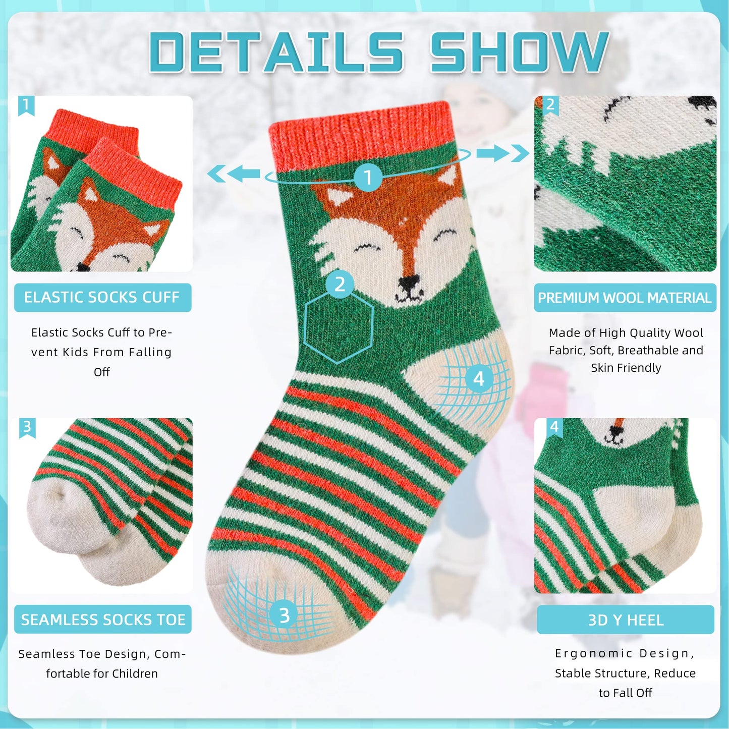 Eocom 6 Pairs Children'S Winter Warm Wool Animal Crew Socks Kids Boys Girls Socks(4-7 Years, Fox)