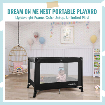 Dream On Me Nest Portable Playard In Black With Carrybag An Shoulder Strap, Lightweight, Packable And Easy Setup Baby Playard, B