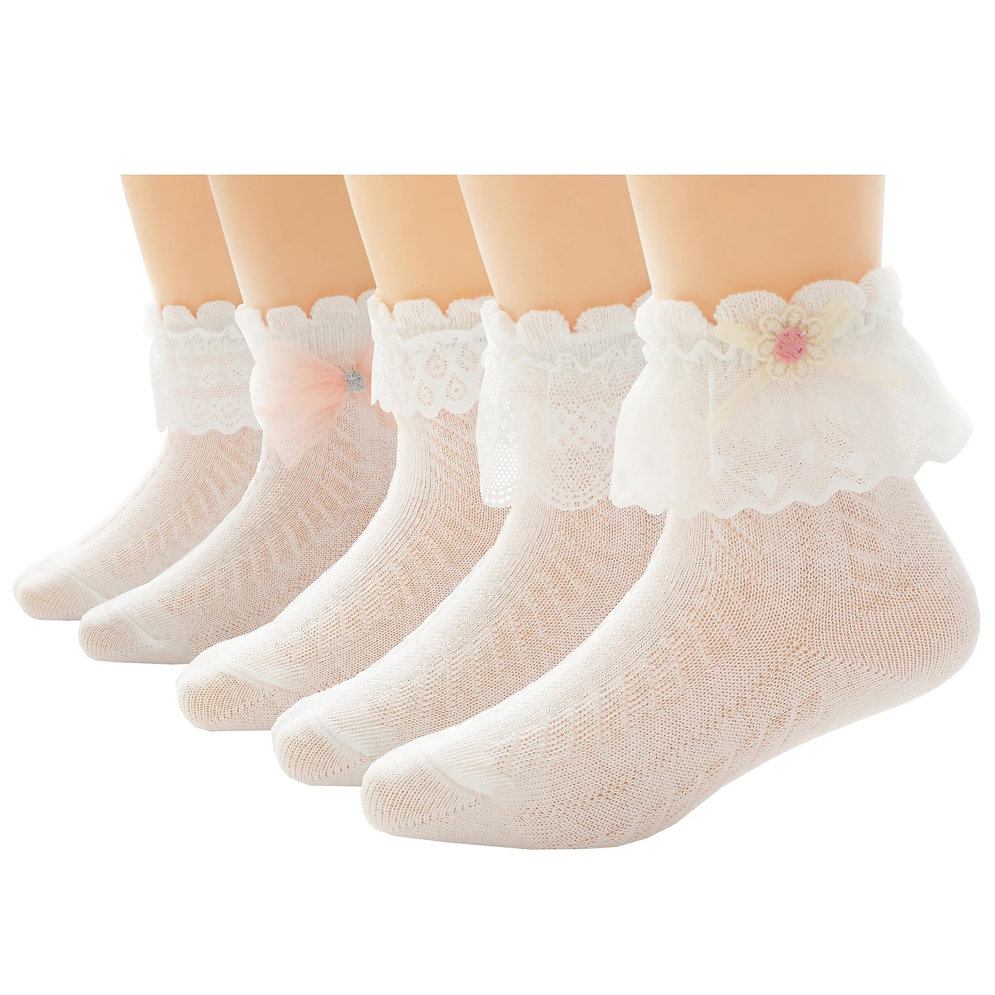 Xiyadun 5 Pairs Toddler Baby & Child Girls Ruffle Lace Ankle Cotton Dress Socks (M For 3-6 Years, White)