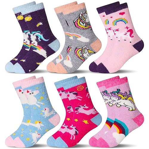 Eocom 6 Pairs Children'S Winter Warm Wool Socks Kids Toddlers Boys Girls Thermal Thick Boot Cozy Crew Socks (4-7X, Unicorn)