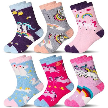 Eocom 6 Pairs Children'S Winter Warm Wool Socks Kids Toddlers Boys Girls Thermal Thick Boot Cozy Crew Socks (4-7X, Unicorn)