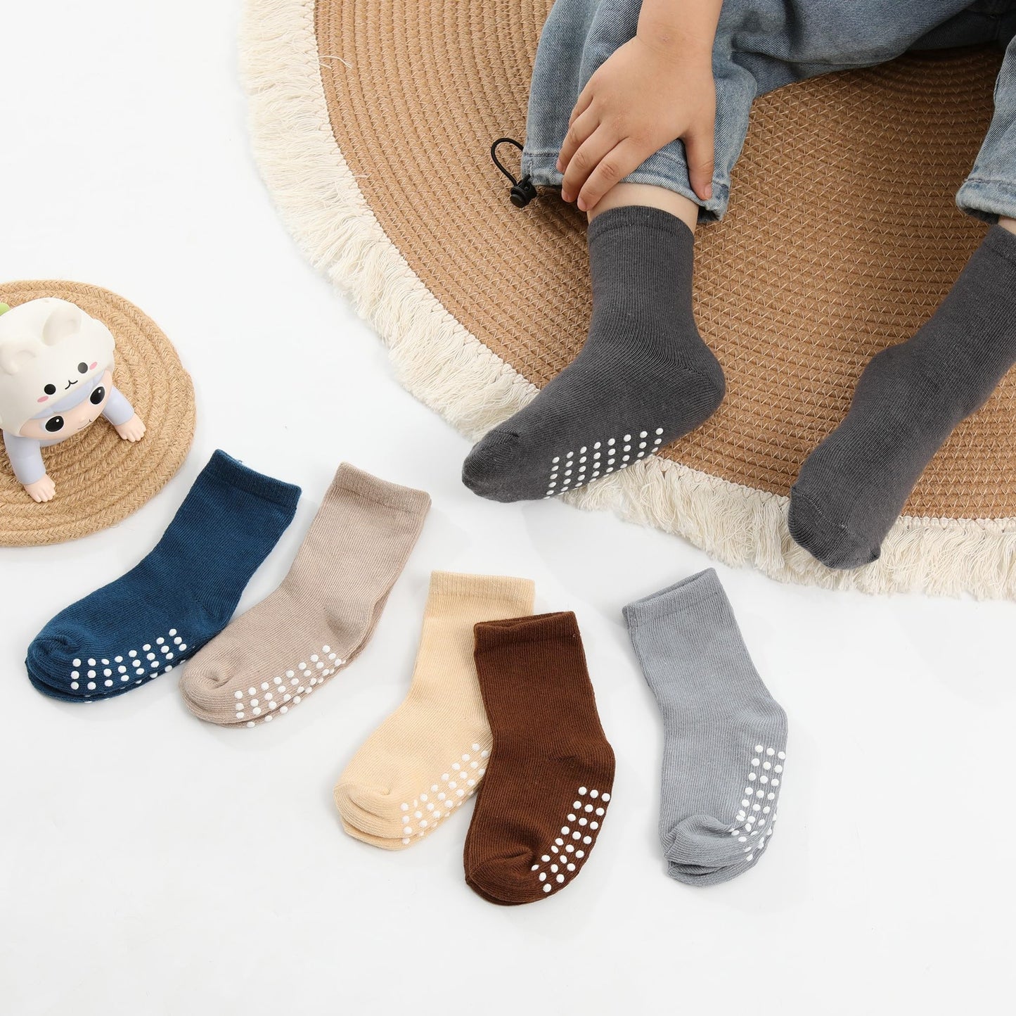 Jakidar 12 Pack Baby Socks Cotton Crew Toddler Socks Grips Non Slip Bottom Kids Socks, Brown Indigo Blue Haze Khaki Gray 6-12M