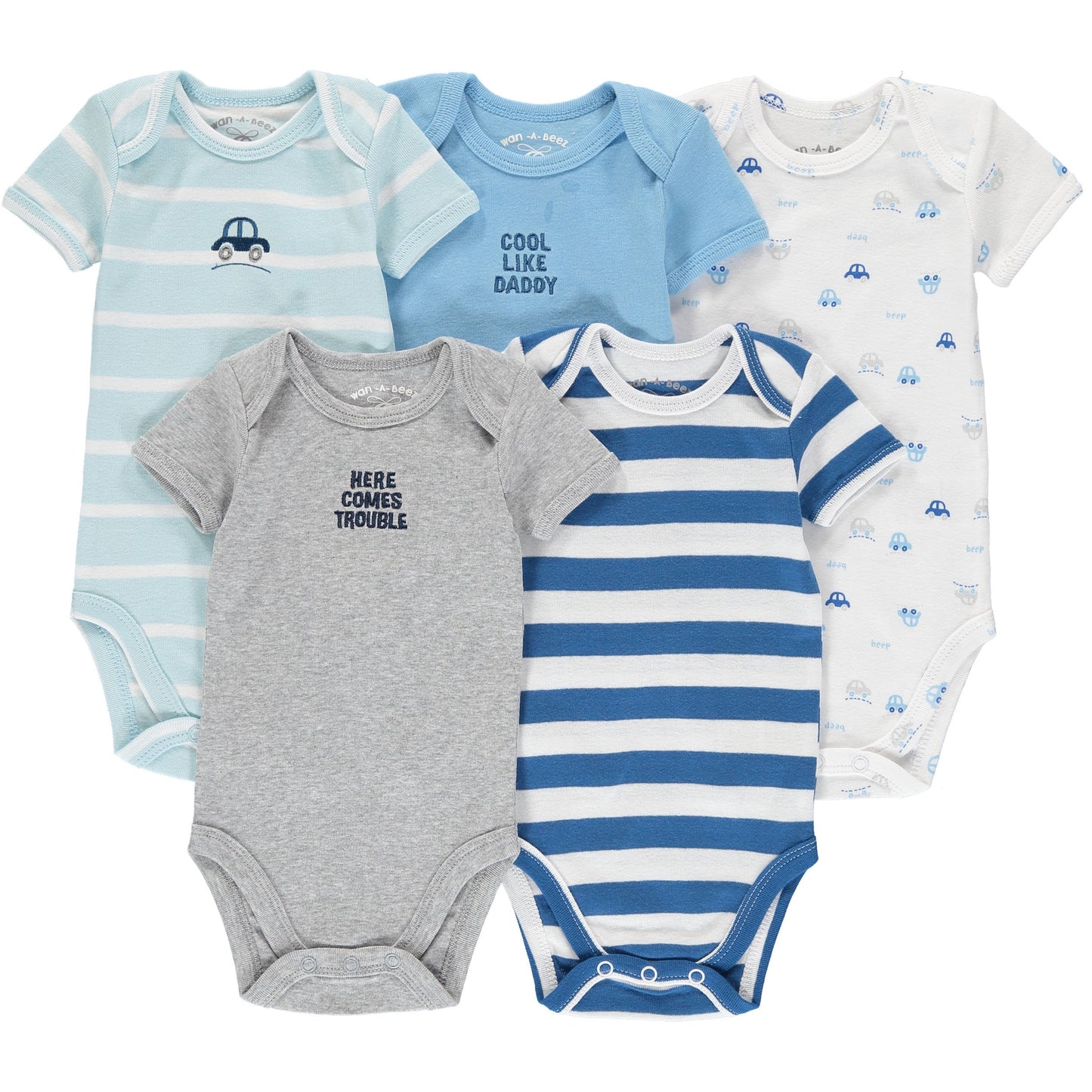 Wan-A-Beez 5 Pack Baby Girls and Boys Short Sleeve Bodysuits (18 Months, Turquoise Car)